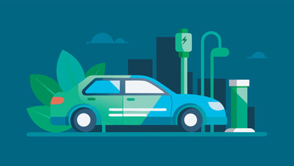 Naklejka premium depicting an eco friendly urban scene. In the foreground, a modern electric car is parked next to a charging station. The vehicle features a two-tone color scheme of bright teal and soft lime green, w