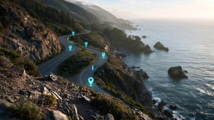 Obraz premium Creative Sustainability Illustration with Winding Coastal Road with Glowing Digital Navigation Markers Following a Rocky Shoreline Beside the Ocean