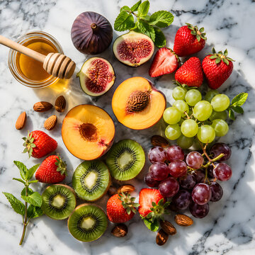 Healthy summer fruits flat lay on white marble, top view food photo