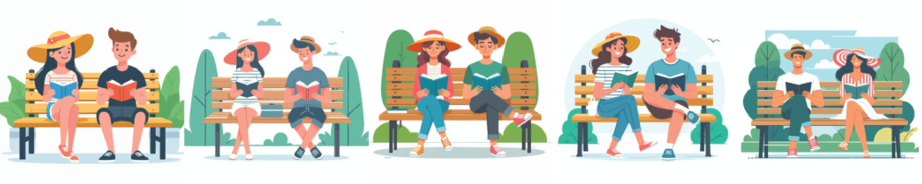 A flat vector illustration of a couple sitting on a park bench reading a book in the summer