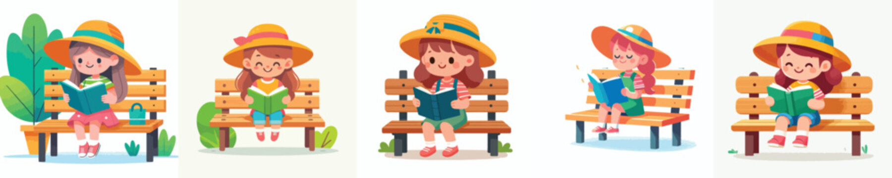 A flat vector illustration of a little girl sitting on a park bench reading a book in the summer