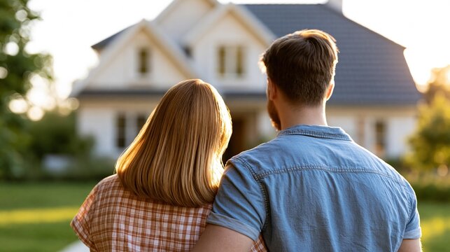 Young couple looking at a beautiful suburban home at sunset, envisioning their future