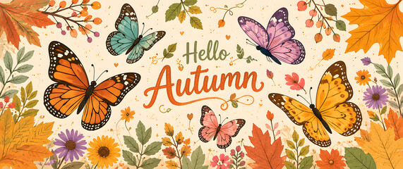 Naklejka premium Hello Autumn butterflies and fall leaves illustration