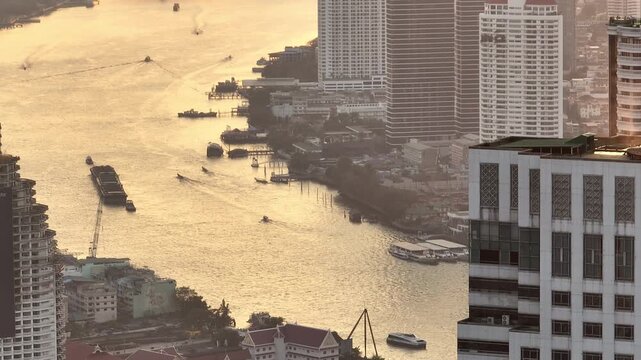 sunset time golden hour bangkok city river traffic aerial panorama 4k thailand 
