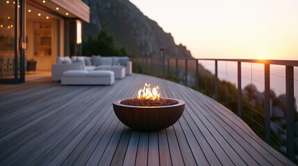 Obraz premium Modern outdoor deck with fire pit overlooking ocean sunset, luxurious home exterior, and scenic coastal view