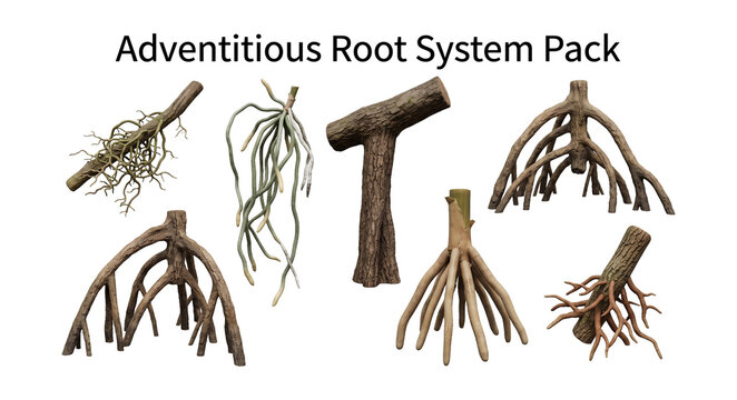 Adventitious root system pack displaying realistic aerial and prop roots, tropical plant elements isolated on transparent