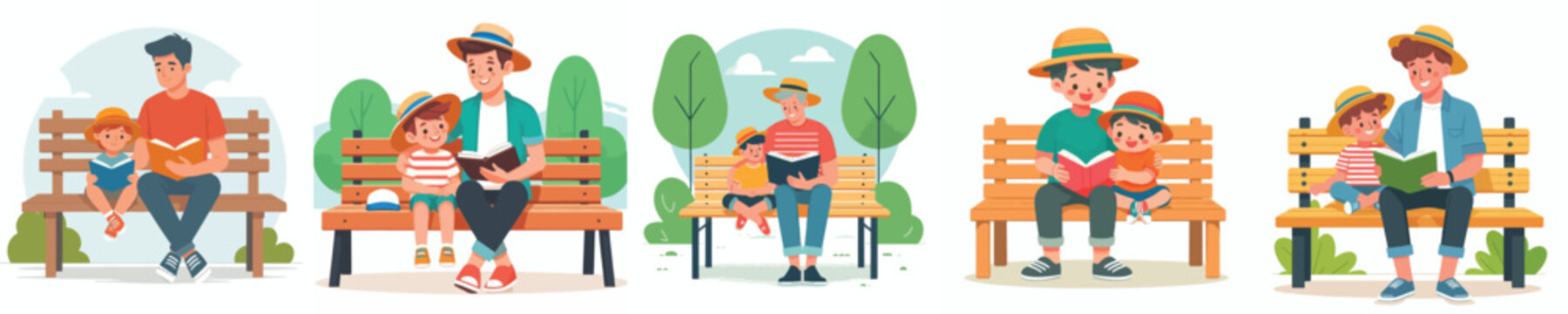 A flat vector illustration of a father and child sitting on a park bench reading a book in the summer