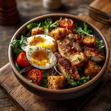 Healthy gourmet salad bowl with grilled chicken soft boiled eggs and crunchy croutons