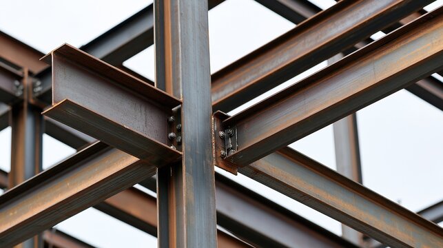 Abstract view of a steel building framework with intersecting I-beams and bolted connections