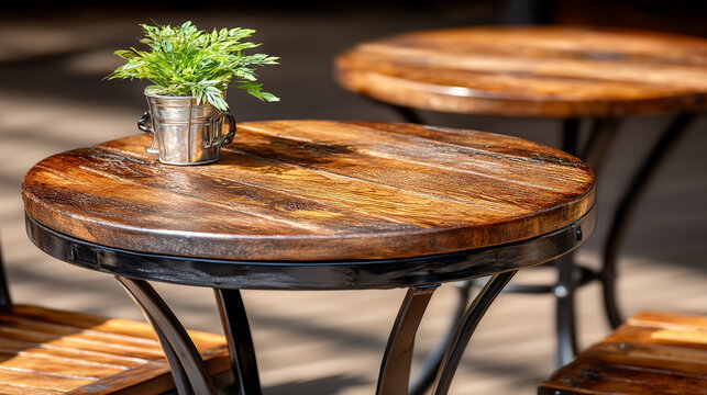 Modern small circular wooden coffee tables with small green potted plant furniture interior