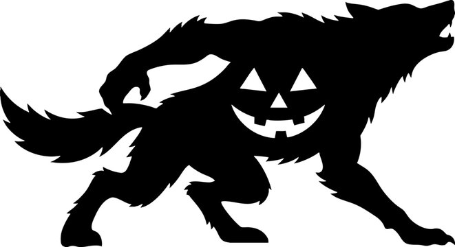 Black werewolf silhouette with jack o lantern pumpkin carving