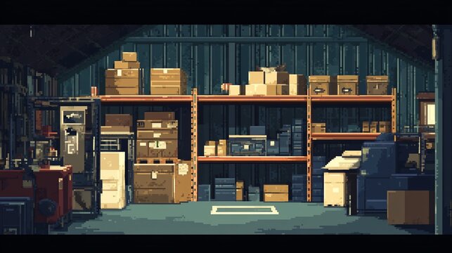 Pixel Art Warehouse Storage Interior Background