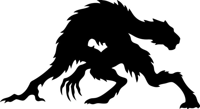 Black silhouette of a scary werewolf monster on white background