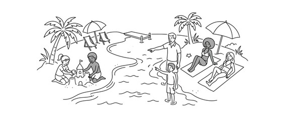 Obraz premium Family enjoying a sunny day at the beach illustration