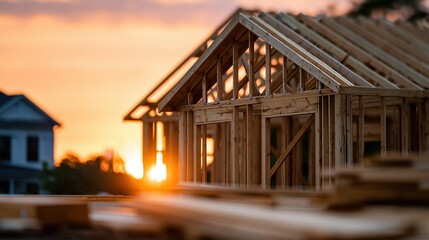 Fototapeta premium New Home Construction Site at Sunset with Wooden Frame Skeleton and Building Materials