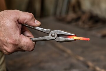 Obraz premium Blacksmith's hand holding glowing hot metal rod with sturdy tongs in workshop