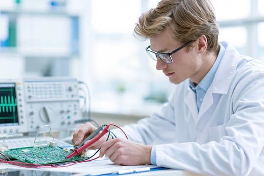 Young male engineer in lab coat with glasses testing electronic circuit board with multimeter and oscilloscopes