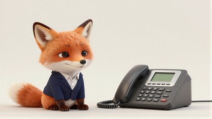 Fototapeta premium A cartoon fox in a suit sits beside a landline phone, looking thoughtful.