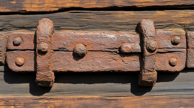Old Rusted Metal Hinge on Weathered Antique Wooden Surface