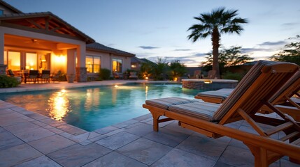 Fototapeta premium Luxury backyard oasis with illuminated swimming pool, lounge chairs, and palm tree at twilight