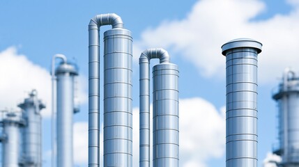 Fototapeta premium Industrial metal pipes and towers against a bright blue sky with fluffy clouds