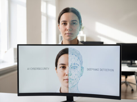 Woman facing camera behind monitor showing deepfake detection mesh