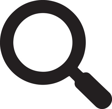 A minimalist black silhouette magnifying glass icon representing search functionality and data discovery for digital interfaces