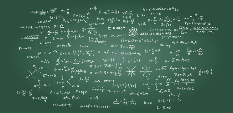 Chalkboard Covered With Mathematical Equations, Physics Formulas and Chemistry Diagrams in Classroom