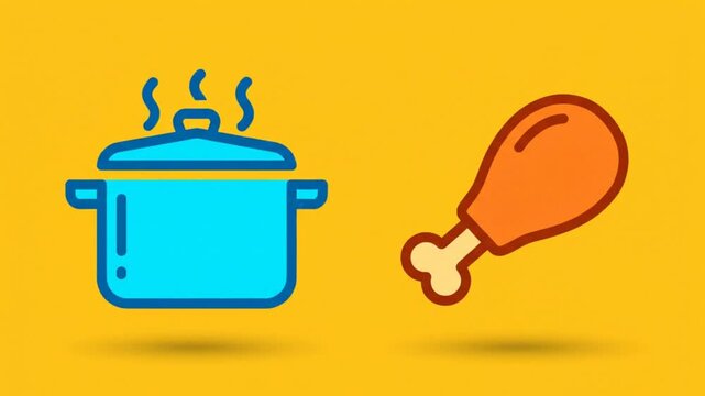 Animation of a pot cooking chicken legs with steam rising, a visual representation of cooking and meal preparation.