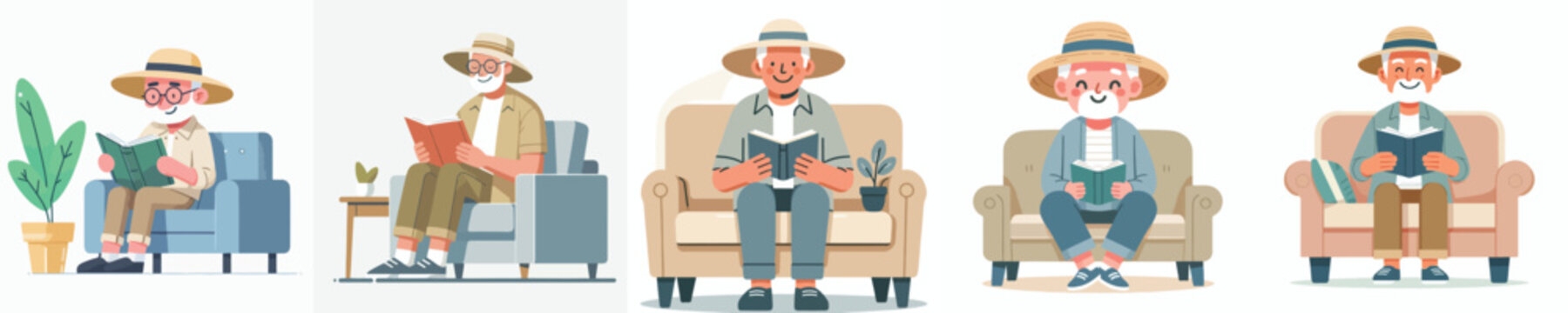 Flat vector illustration of a grandpa sitting on a sofa reading a book in the summer