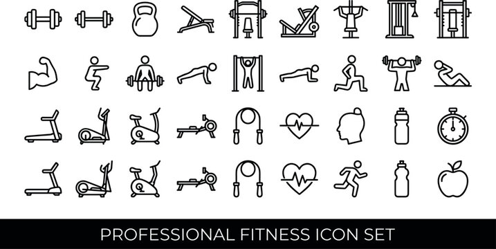 Professional Gym Fitness Line Icon Set Featuring Exercise Machines Dumbbells Kettlebells Bodyweight Workouts Cardio Equipment and Healthy Lifestyle Vector Graphics