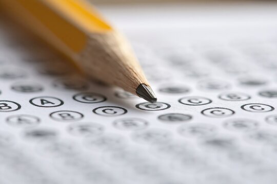 Close-up of a yellow pencil poised above a multiple-choice test or survey bubble sheet, ready to mark an answer.