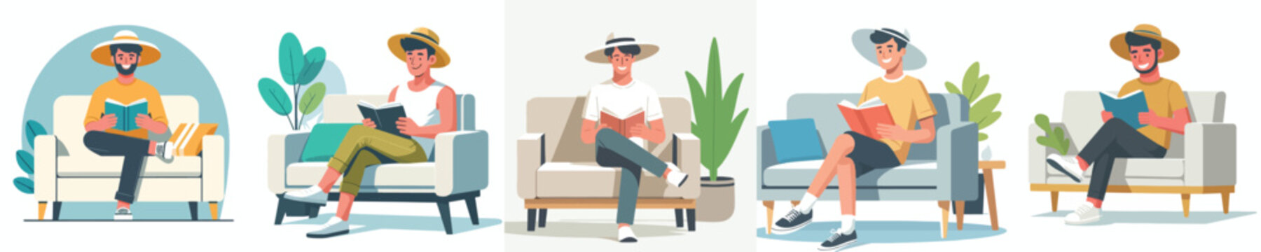 Flat vector illustration of a man sitting on a sofa reading a book in the summer