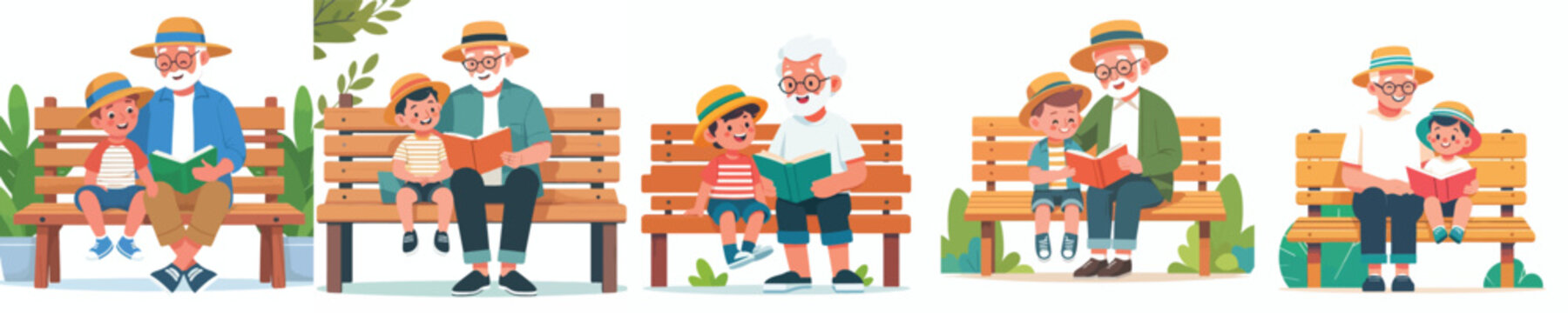 A flat vector illustration of a grandpa and grandchild sitting on a park bench reading a book in the summer