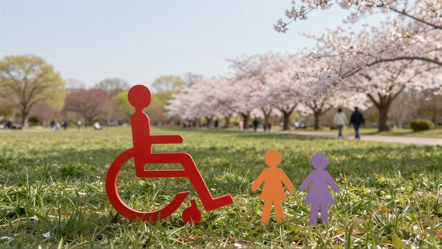 Cherry blossoms bloom behind colorful paper cutouts of people in a park.