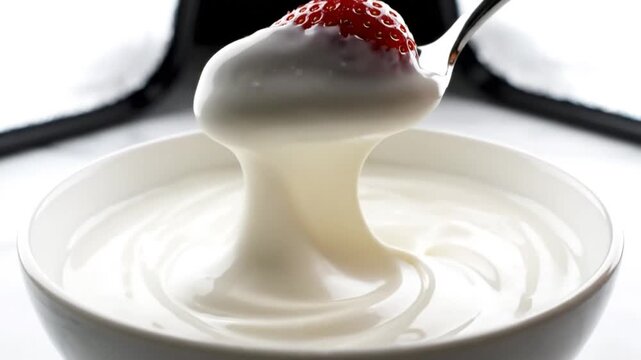 Close up shot of fresh strawberry being scooped out of a white bowl filled with creamy yogurt.