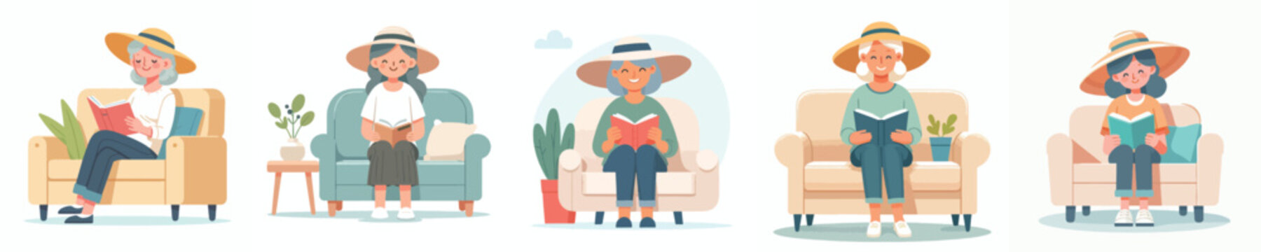 Flat vector illustration of a grandma sitting on a sofa reading a book in the summer