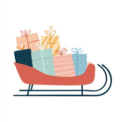 Fototapeta premium Flat Sleigh with Wrapped Gift Boxes