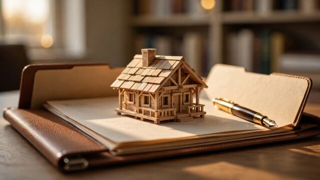 Miniature Wooden House Model on Desk with Documents and Pen.
