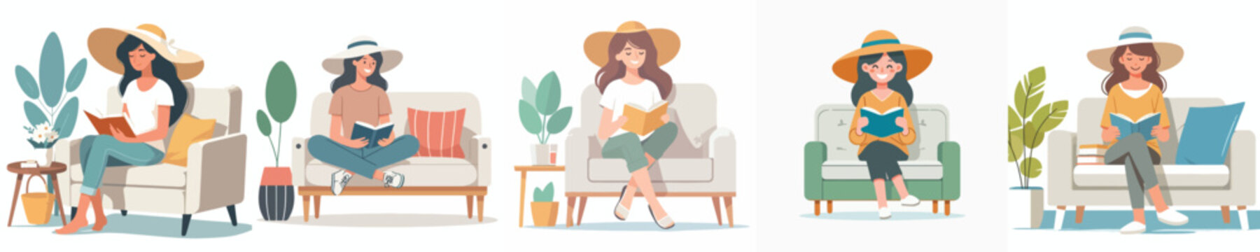 Flat vector illustration of a woman sitting on a sofa reading a book in the summer