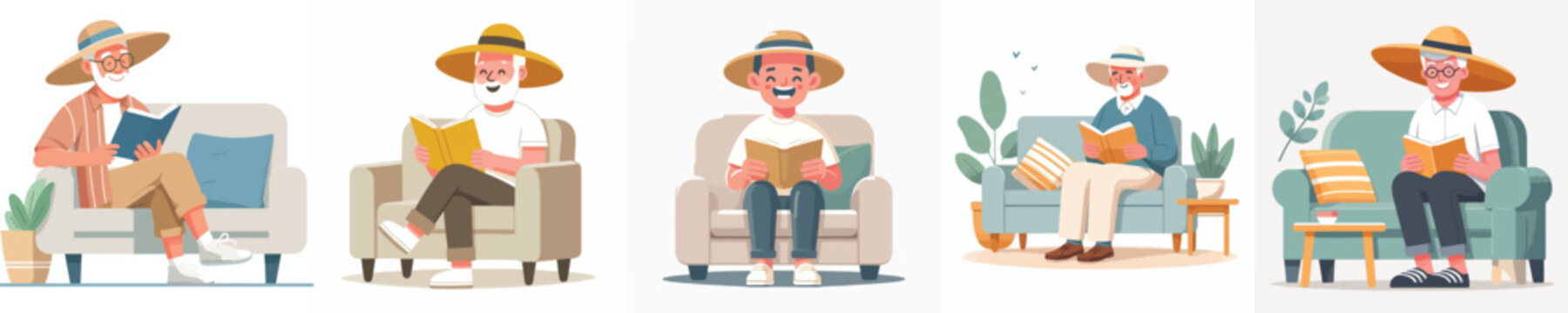 Flat vector illustration of a grandpa sitting on a sofa reading a book in the summer