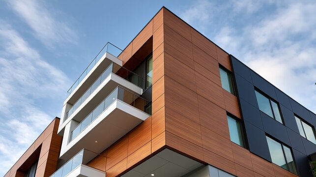 Modern Architectural Building Facade with Wood and Dark Cladding Under a Blue Sky