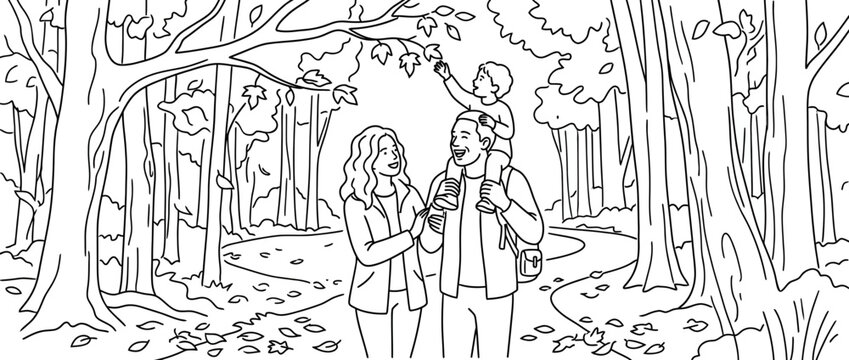 Happy family walking in the autumn forest line art