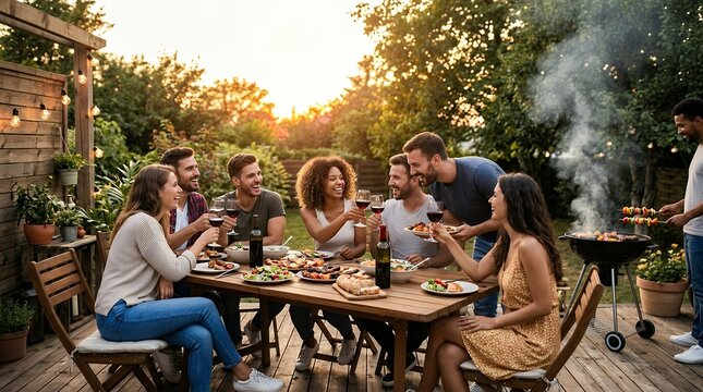 A group of happy friends celebrating together at a dinner party drinking red wine at sunset in a backyard people having a barbecue on a terrace representing a millennial lifestyle concept for a