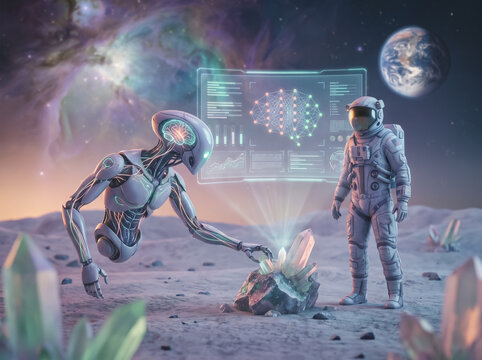 Cyborg and astronaut analyzing glowing crystals on planet