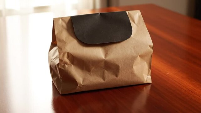 Simple brown paper bag on a shiny wooden table, a culinary concept with a dark closure