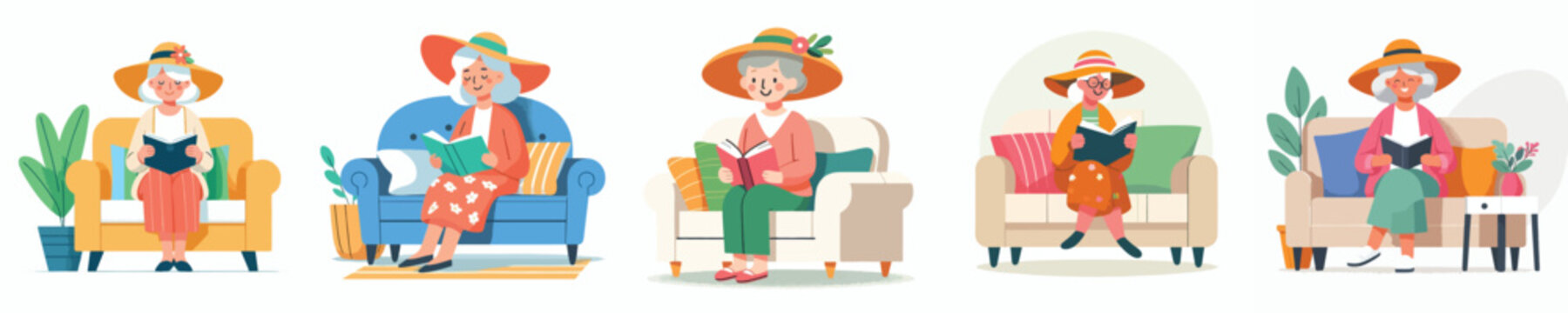 Flat vector illustration of a grandma sitting on a sofa reading a book in the summer