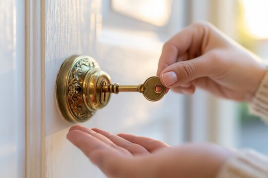 Close-up of a hand inserting an antique brass key into a vintage door lock, symbolizing access and security