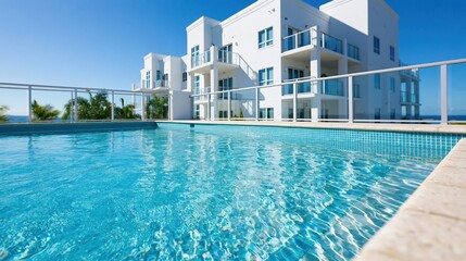 Obraz premium Modern white luxury apartment building with infinity pool overlooking ocean on a sunny day