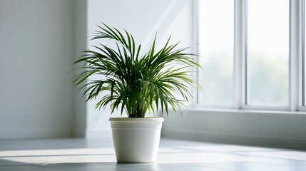Fototapeta premium Lush Green Potted Plant Bathed in Natural Sunlight by a Bright Window